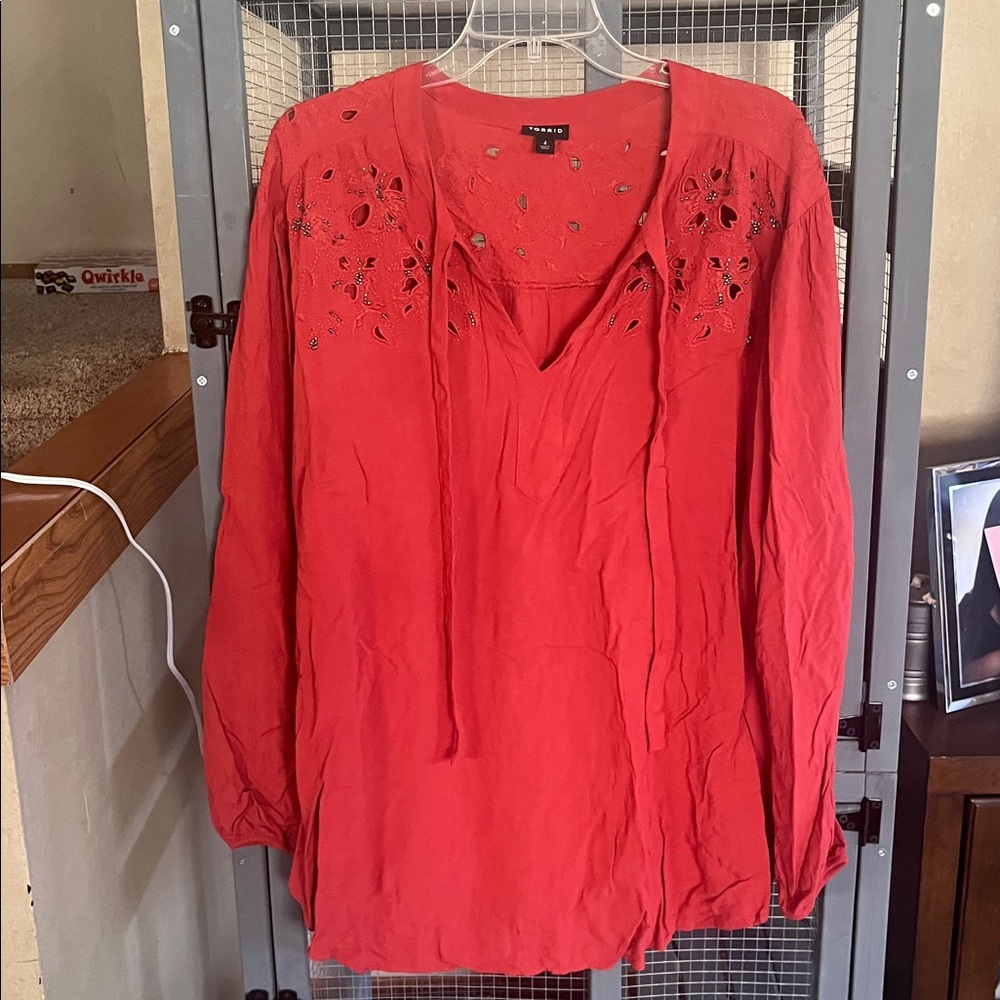 Torrid Red Floral Embroidered Blouse